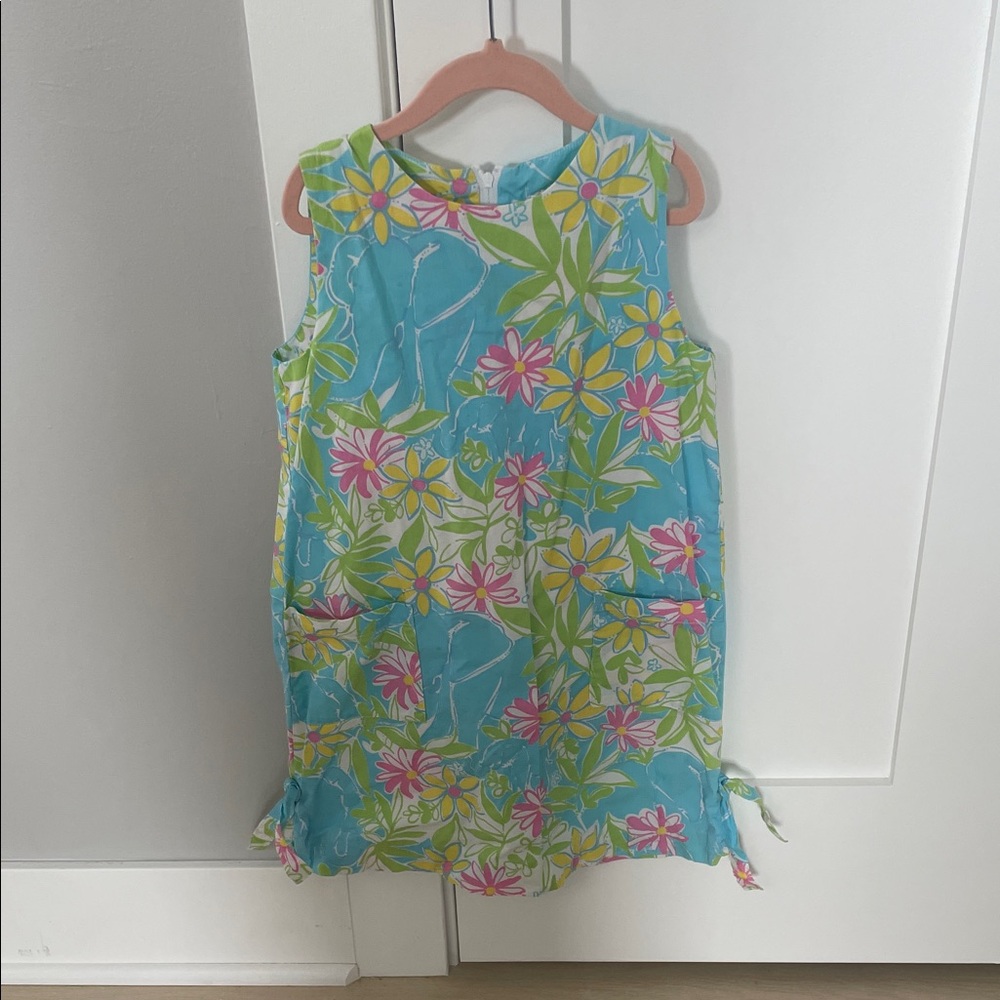 Lilly Pulitzer Girls Floral Elephant Print Shift Dress in Aqua, Pink & Lime